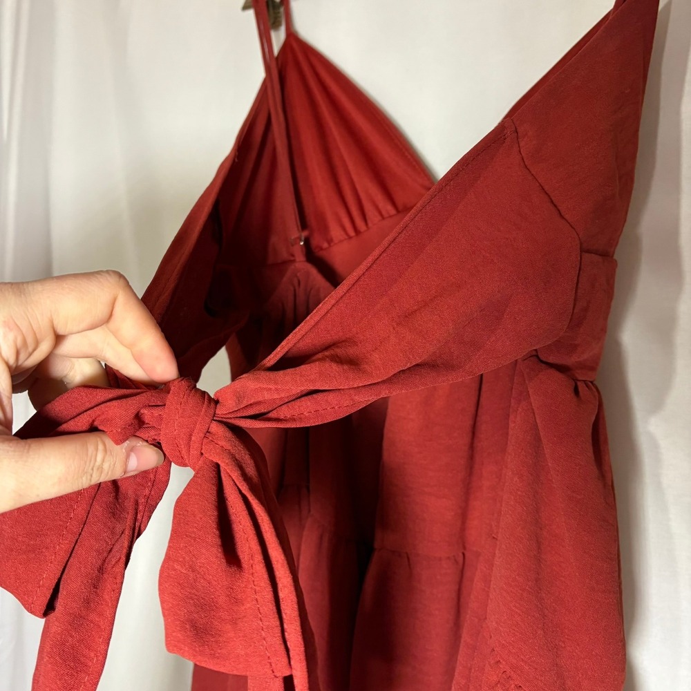 Altar'd State Rust Red Tiered Mini Dress V-Neck Tie Back Small - Picture 3 of 10